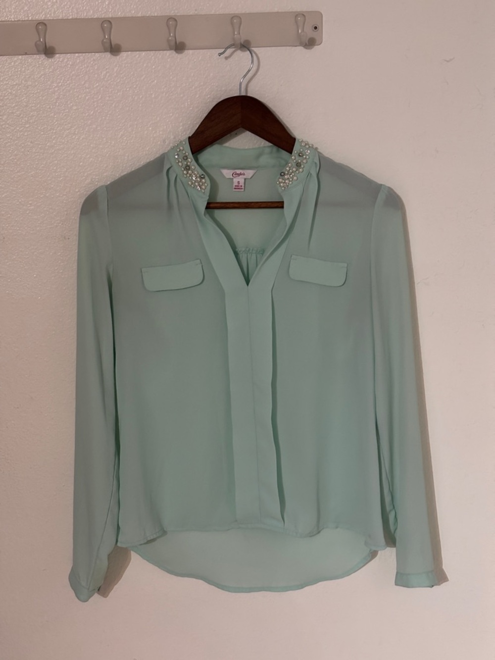 Candies Mint Green Jeweled Collar Blouse